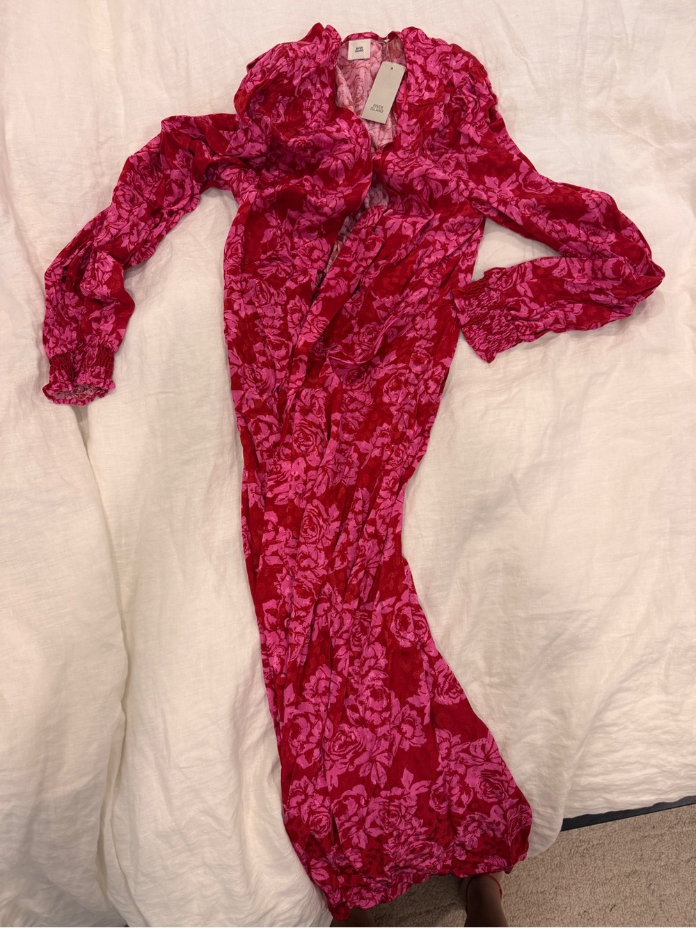 Pink Red Floral midi dress long sleeve - Picture 3 of 3